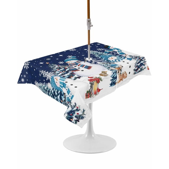 Outdoor Table Cloth with Umbrella Hole and Zipper, Navy Blue Christmas Waterproof Rectangle Tablecloth 60"x102", Snowman Xmas Tree Snowflake Winter Washable Table Cover for Outside Party Patio Picnic