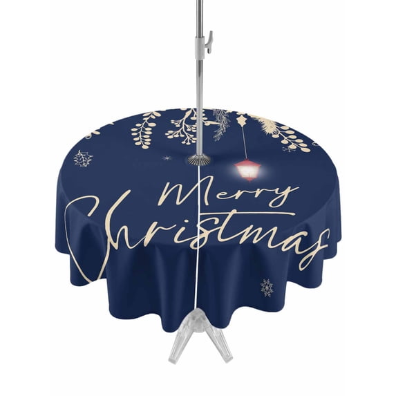 Outdoor Table Cloth with Umbrella Hole and Zipper, Navy Blue Christmas Waterproof Round Tablecloth 54 Inch, Botanical Snowflake Xmas Vintage Washable Table Cover for Outside Party Patio Picnic