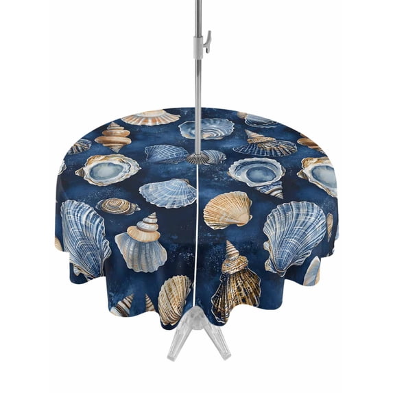 Outdoor Table Cloth with Umbrella Hole and Zipper, Navy Blue Coastal Waterproof Round Tablecloth 60 Inch, Nautical Summer Beach Shell Conch Washable Table Cover for Outside Party Patio Picnic