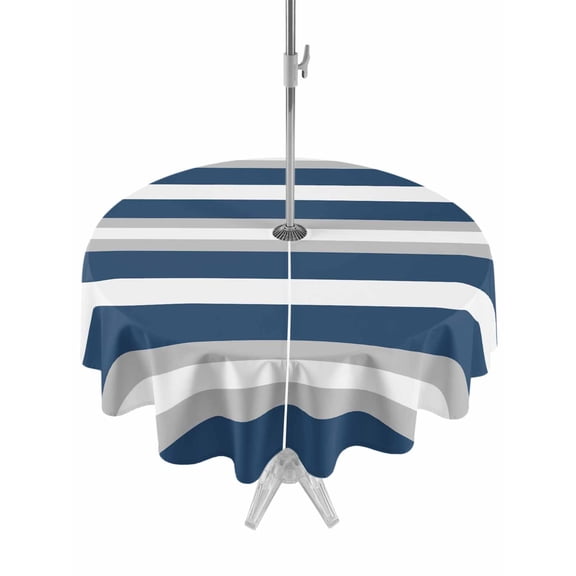 Outdoor Table Cloth with Umbrella Hole and Zipper, Navy Blue Grey Stripe Waterproof Round Tablecloth 60 Inch, Minimalist Farmhouse Striped Washable Table Cover for Outside Party Patio Picnic