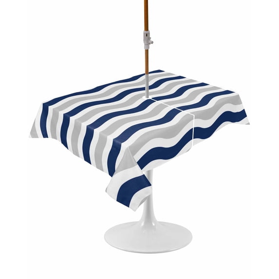 Outdoor Table Cloth with Umbrella Hole and Zipper,Navy Blue Grey White Waterproof Rectangle Tablecloth 52"x70",Abstract Geometric Ocean Wave Stripe Washable Table Cover for Outside Party Patio Picnic