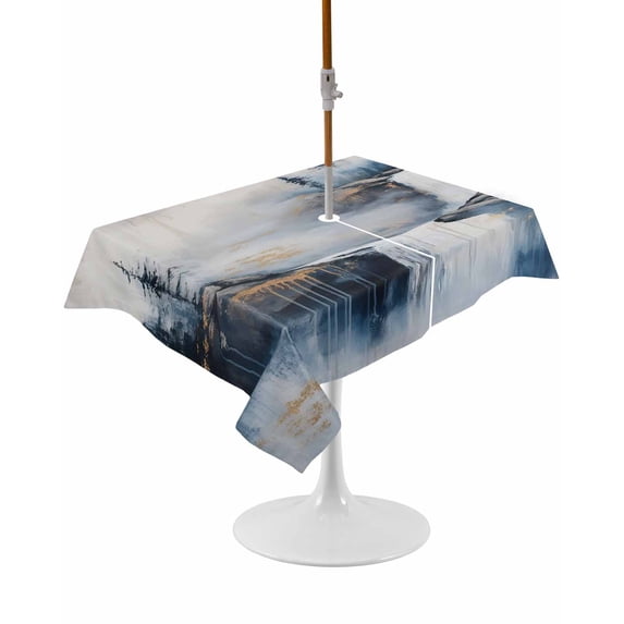 Outdoor Table Cloth with Umbrella Hole and Zipper, Navy Blue Mountain Waterproof Rectangle Tablecloth 60"x102", Vintage Abstract Art Washable Table Cover for Outside Party Patio Picnic