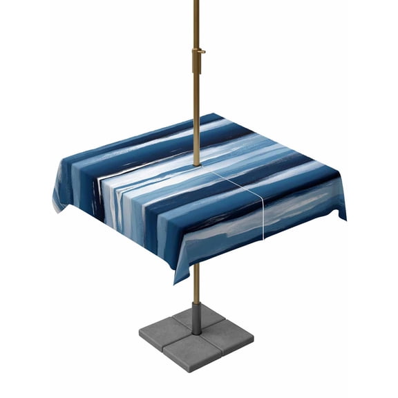 Outdoor Table Cloth with Umbrella Hole and Zipper, Navy Blue Ombre Waterproof Square Tablecloth 60"x60", Modern Oil Painting Waves Abstract Washable Table Cover for Outside Party Patio Picnic