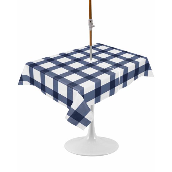 Outdoor Table Cloth with Umbrella Hole and Zipper, Navy Blue Plaid Check Waterproof Rectangle Tablecloth 52"x70", Geometrical Abstract Lattice Washable Table Cover for Outside Party Patio Picnic