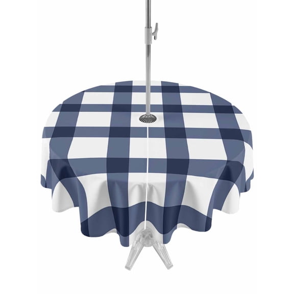 Outdoor Table Cloth with Umbrella Hole and Zipper, Navy Blue Plaid Check Waterproof Round Tablecloth 54 Inch, Geometrical Abstract Lattice Washable Table Cover for Outside Party Patio Picnic