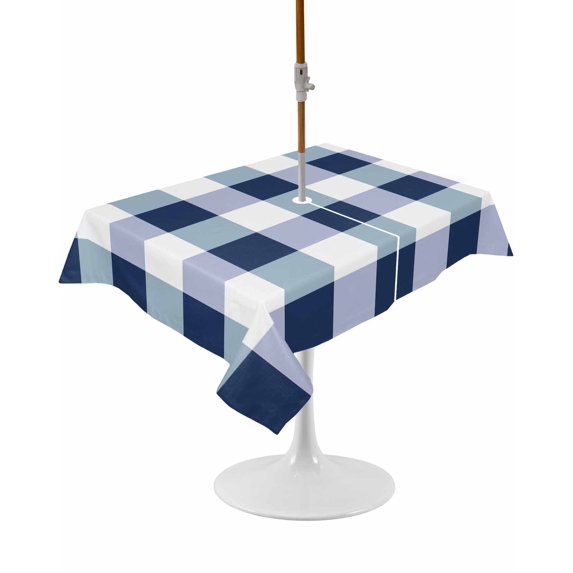 Outdoor Table Cloth with Umbrella Hole and Zipper, Navy Blue Plaid Waterproof Rectangle Tablecloth 52"x70", Spring Farmhouse Buffalo Checkered Washable Table Cover for Outside Party Patio Picnic