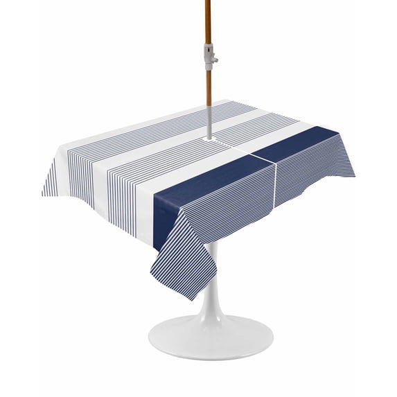 Outdoor Table Cloth with Umbrella Hole and Zipper, Navy Blue Stripe Waterproof Rectangle Tablecloth 60"x102", Modern Rustic Horizontal Blue Striped Washable Table Cover for Outside Party Patio Picnic