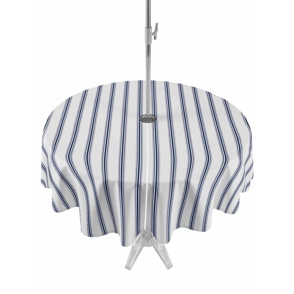 Outdoor Table Cloth with Umbrella Hole and Zipper, Navy Blue Striped Waterproof Round Tablecloth 54 Inch, Navy Blue White Stripes Farmhouse Washable Table Cover for Outside Party Patio Picnic