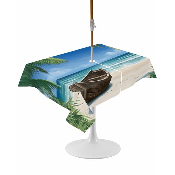 Outdoor Table Cloth with Umbrella Hole and Zipper, Ocean Beach Waterproof Rectangle Tablecloth 54"x80", Blue Coastal Palm Tree Nautical Sailboat Washable Table Cover for Outside Party Patio Picnic