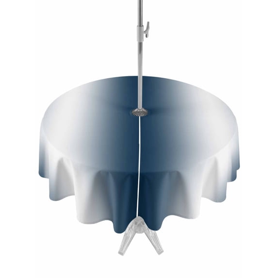 Outdoor Table Cloth with Umbrella Hole and Zipper, Ombre Dark Blue Waterproof Round Tablecloth 54 Inch, Gradient White Abstract Minimalist Stripe Washable Table Cover for Outside Party Patio Picnic