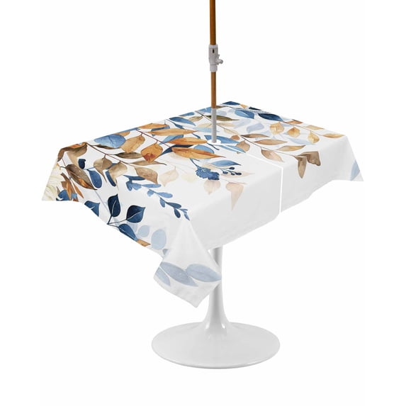 Outdoor Table Cloth with Umbrella Hole and Zipper, Orange Blue Botanical Waterproof Rectangle Tablecloth 60"x102", Weeping Fall Eucalyptus Leaves Washable Table Cover for Outside Party Patio Picnic