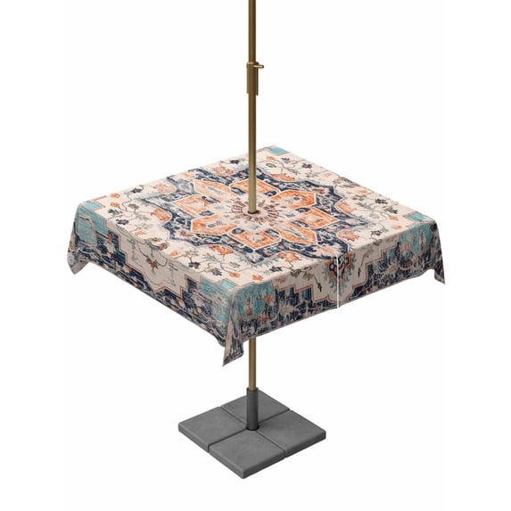 Outdoor Table Cloth with Umbrella Hole and Zipper, Orange Blue Waterproof Square Tablecloth 60"x60", Geometric Middle Century Abstract Western Washable Table Cover for Outside Party Patio Picnic