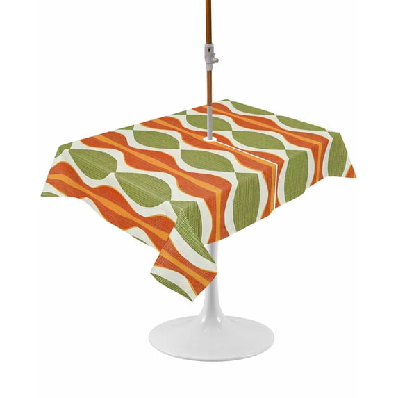 Outdoor Table Cloth with Umbrella Hole and Zipper, Orange Green Geometric Waterproof Rectangle Tablecloth 60"x102", Abstract Moire Modern Vintage Washable Table Cover for Outside Party Patio Picnic