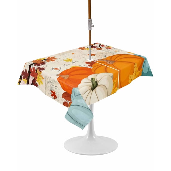 Outdoor Table Cloth with Umbrella Hole and Zipper, Orange Pumpkins Fall Waterproof Rectangle Tablecloth 54"x80", Thanksgiving Maple Leaf Branches Washable Table Cover for Outside Party Patio Picnic