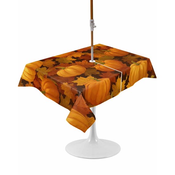Outdoor Table Cloth with Umbrella Hole and Zipper, Orange Pumpkins Fall Waterproof Rectangle Tablecloth 54"x80", Thanksgiving Maple Leaf Harvest Washable Table Cover for Outside Party Patio Picnic