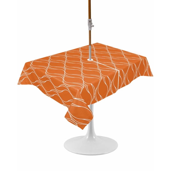 Outdoor Table Cloth with Umbrella Hole and Zipper, Orange Stripes Waterproof Rectangle Tablecloth 60"x102", Simple Geometric Modern Monochrome Washable Table Cover for Outside Party Patio Picnic