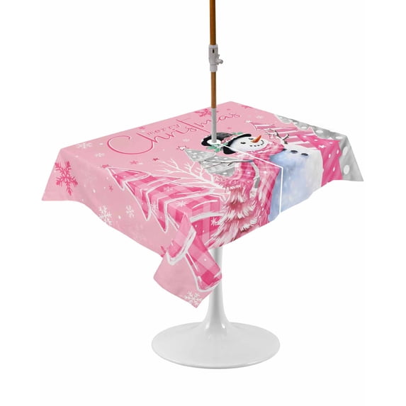 Outdoor Table Cloth with Umbrella Hole and Zipper, Pink Christmas Waterproof Rectangle Tablecloth 60"x102", Xmas Snowman Snowflake Tree Gray Washable Table Cover for Outside Party Patio Picnic