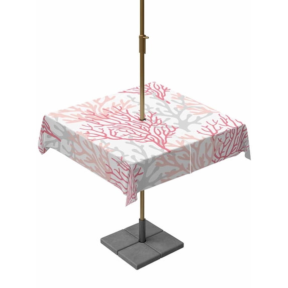Outdoor Table Cloth with Umbrella Hole and Zipper, Pink Grey Coral Coastal Waterproof Square Tablecloth 54"x54", Summer Beach Seaside Nautical Washable Table Cover for Outside Party Patio Picnic