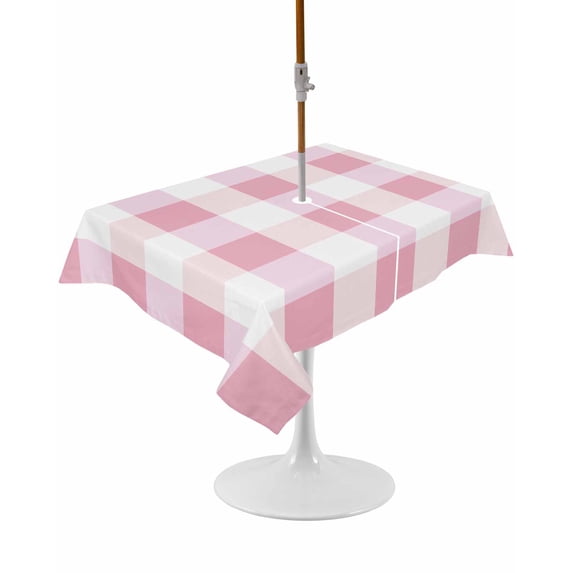 Outdoor Table Cloth with Umbrella Hole and Zipper, Pink Plaid Waterproof Rectangle Tablecloth 52"x70", Spring Farmhouse Buffalo Checkered Washable Table Cover for Outside Party Patio Picnic