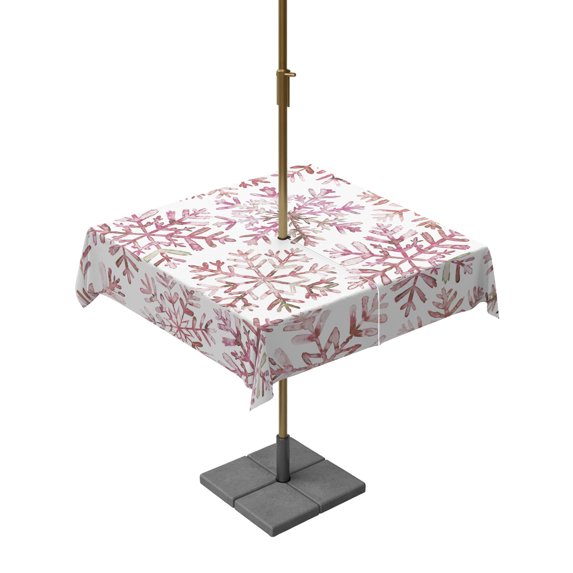 Outdoor Table Cloth with Umbrella Hole and Zipper, Pink Red Snowflake Christmas Waterproof Square Tablecloth 54"x54", Xmas Snowflake Washable Table Cover for Outside Party Patio Picnic