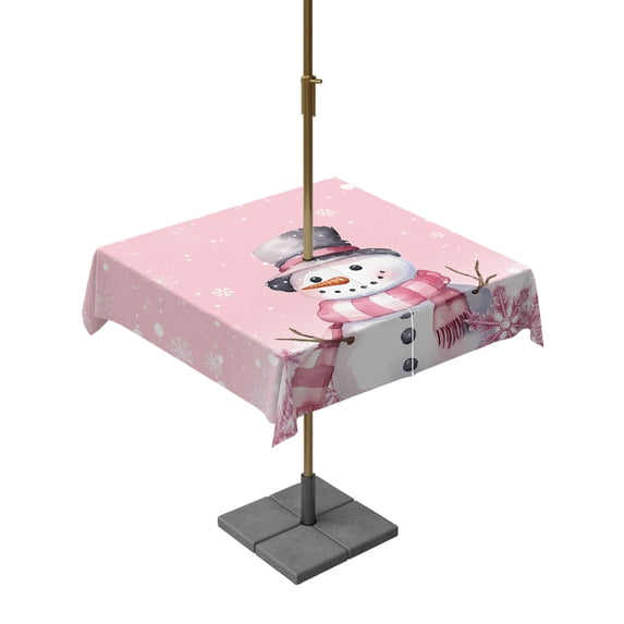 Outdoor Table Cloth with Umbrella Hole and Zipper, Pink Snowman Christmas Waterproof Square Tablecloth 54"x54", Xmas Pink Snowflake Winter Washable Table Cover for Outside Party Patio Picnic
