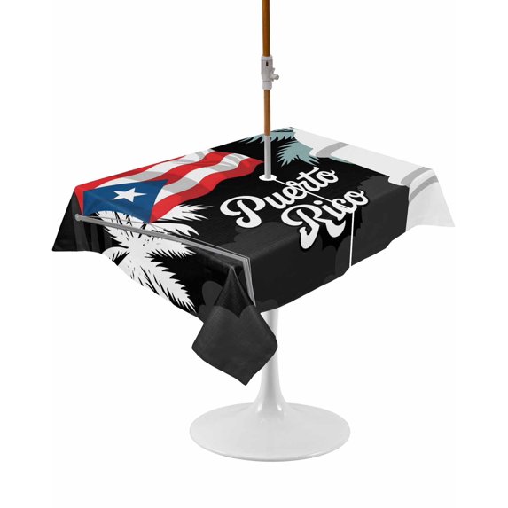 Outdoor Table Cloth with Umbrella Hole and Zipper, Puerto Rico Flag Waterproof Rectangle Tablecloth 54"x80", Modern Art Palm Tree American Flags Washable Table Cover for Outside Party Patio Picnic
