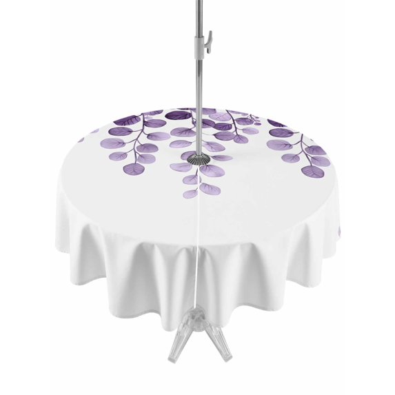 Outdoor Table Cloth with Umbrella Hole and Zipper, Purple Eucalyptus Leaves Waterproof Round Tablecloth 54 Inch, Watercolor Floral Leaf Plants Washable Table Cover for Outside Party Patio Picnic