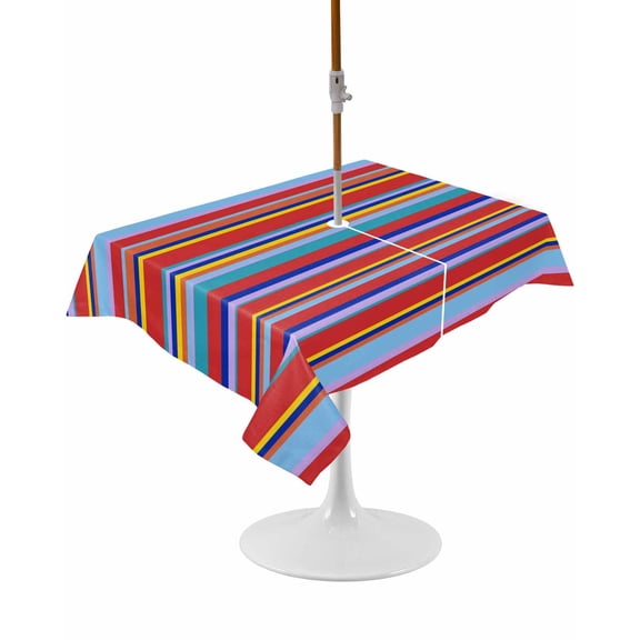 Outdoor Table Cloth with Umbrella Hole and Zipper, Rainbow Striped Waterproof Rectangle Tablecloth 54"x80", Red Blue Yellow Geometric Abstract Washable Table Cover for Outside Party Patio Picnic