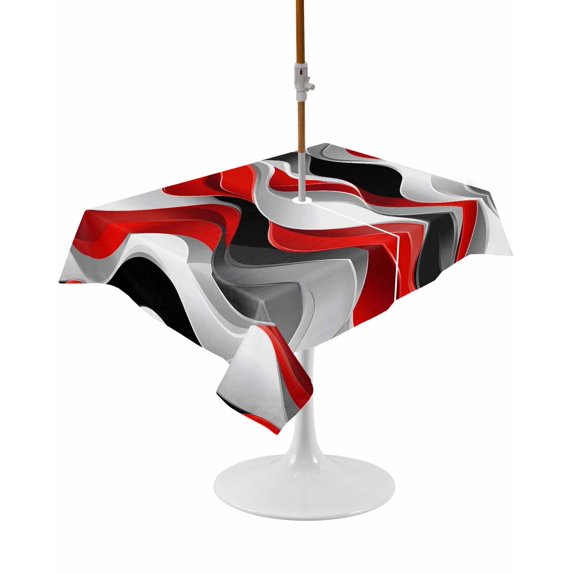Outdoor Table Cloth with Umbrella Hole and Zipper, Red Black Grey Waterproof Rectangle Tablecloth 60"x102", Moire Modern Artwork Abstract Washable Table Cover for Outside Party Patio Picnic