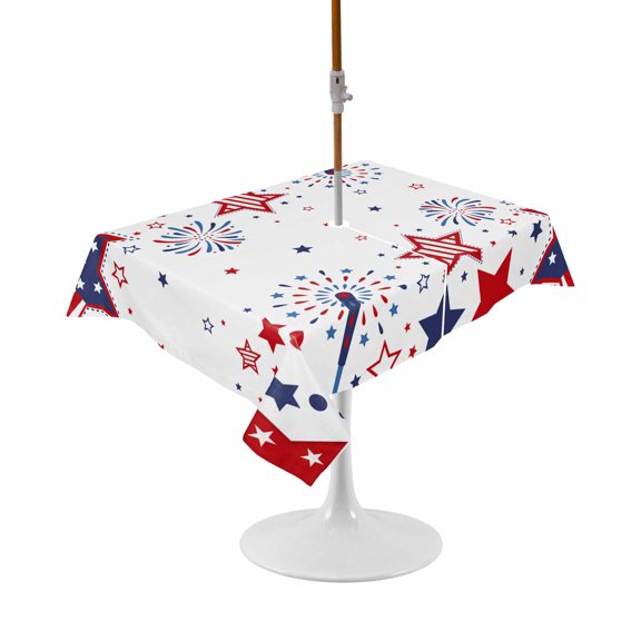 Outdoor Table Cloth with Umbrella Hole and Zipper, Red Blue Star 4th of July Waterproof Rectangle Tablecloth 60"x102", Independence Day Fireworks Washable Table Cover for Outside Party Patio Picnic