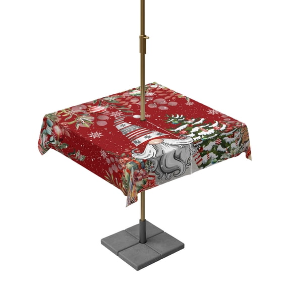 Outdoor Table Cloth with Umbrella Hole and Zipper, Red Christmas Gnomes Waterproof Square Tablecloth 54"x54", Xmas Tree Poinsettia Winter Gifts Washable Table Cover for Outside Party Patio Picnic