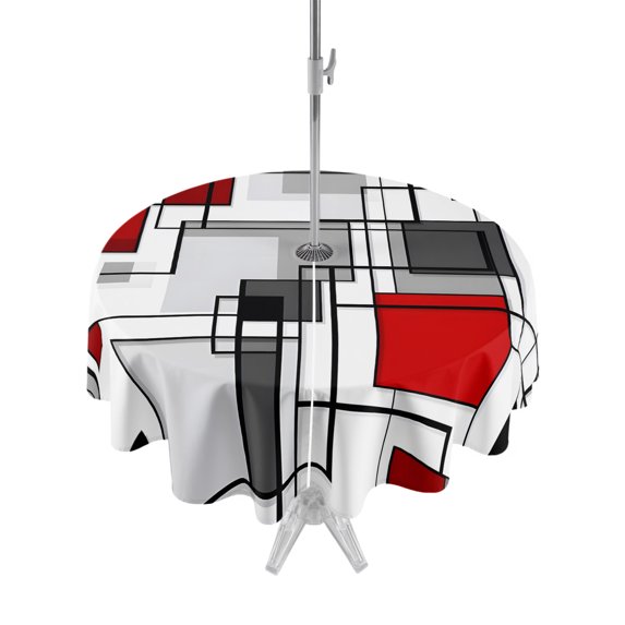Outdoor Table Cloth with Umbrella Hole and Zipper, Red Grey Geometric Waterproof Round Tablecloth 54 Inch, Abstract Art Modern Irregular Washable Table Cover for Outside Party Patio Picnic
