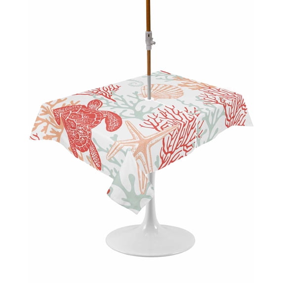 Outdoor Table Cloth with Umbrella Hole and Zipper,Red Orange Coastal Waterproof Rectangle Tablecloth 52"x70",Sea Turtle Nautical Coral Summer Beach Washable Table Cover for Outside Party Patio Picnic