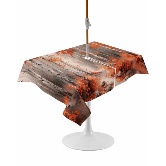Outdoor Table Cloth with Umbrella Hole and Zipper, Red Orange Waterproof Rectangle Tablecloth 60"x102", Modern Oil Painting Art Forest Washable Table Cover for Outside Party Patio Picnic