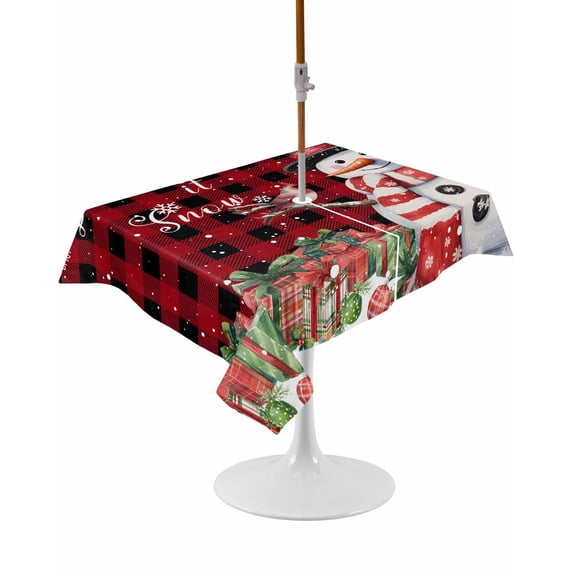 Outdoor Table Cloth with Umbrella Hole and Zipper, Red Plaid Snowman Christmas Waterproof Rectangle Tablecloth 54"x80", Winter Snowflake Xmas Gifts Washable Table Cover for Outside Party Patio Picnic