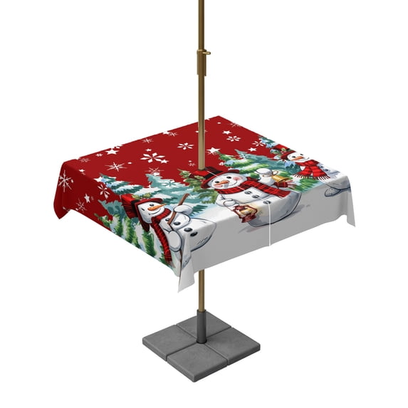 Outdoor Table Cloth with Umbrella Hole and Zipper, Red White Snowman Christmas Waterproof Square Tablecloth 54"x54", Xmas Tree Snowflake Winter Washable Table Cover for Outside Party Patio Picnic