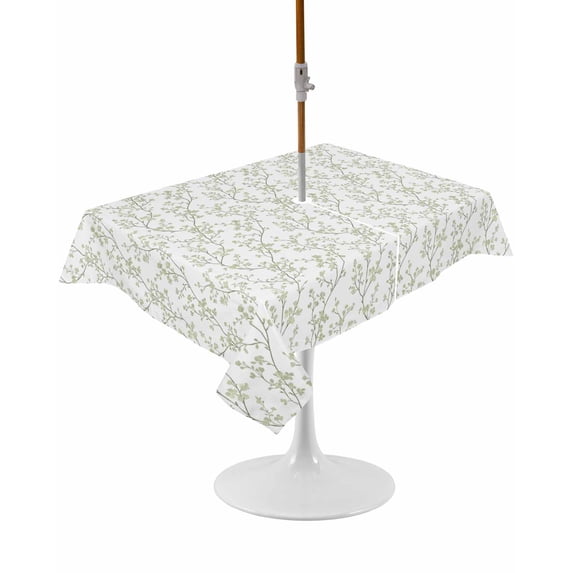 Outdoor Table Cloth with Umbrella Hole and Zipper, Sage Green Botanical Waterproof Rectangle Tablecloth 60"x102", Plant Flower Floral Tree Branch Washable Table Cover for Outside Party Patio Picnic