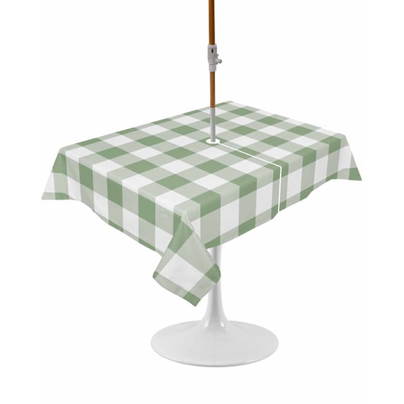 Outdoor Table Cloth with Umbrella Hole and Zipper, Sage Green Checkered Waterproof Rectangle Tablecloth 52"x70", Farmhouse Buffalo Plaid Washable Table Cover for Outside Party Patio Picnic