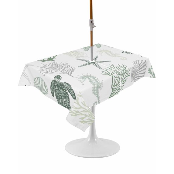 Outdoor Table Cloth with Umbrella Hole and Zipper,Sage Green Coastal Waterproof Rectangle Tablecloth 52"x70",Nautical Summer Beach Coral Sea Turtle Washable Table Cover for Outside Party Patio Picnic