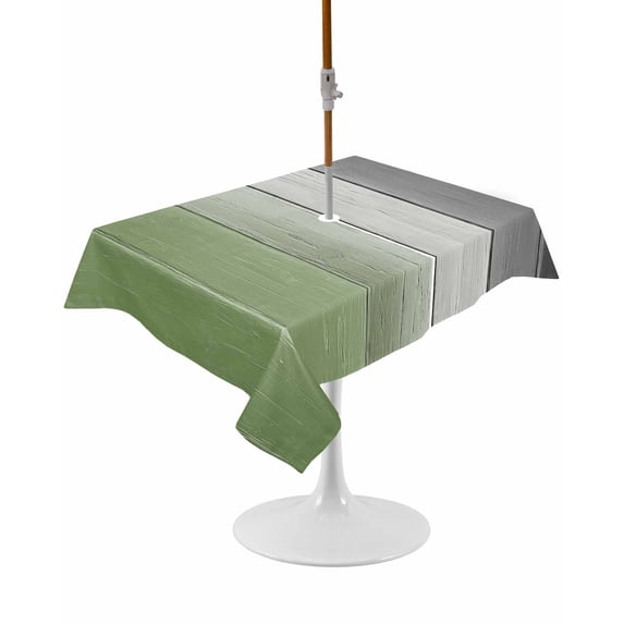 Outdoor Table Cloth with Umbrella Hole and Zipper, Sage Green Gray Ombre Waterproof Rectangle Tablecloth 60"x102", Vintage Country Wooden Washable Table Cover for Outside Party Patio Picnic