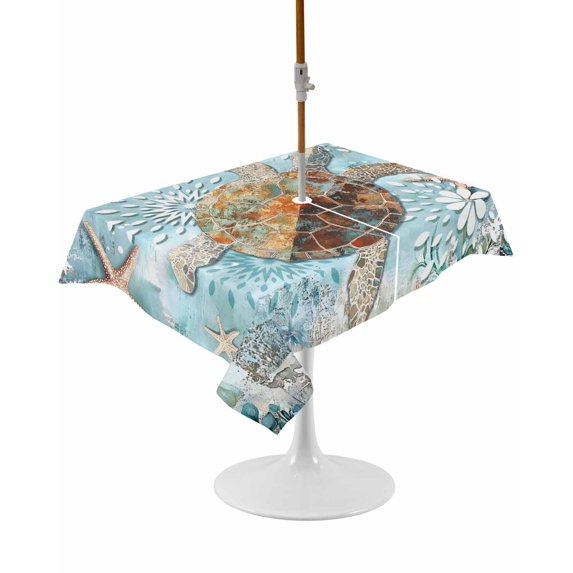 Outdoor Table Cloth with Umbrella Hole and Zipper, Sea Turtle Coastal Waterproof Rectangle Tablecloth 60"x102", Teal Nautical Starfish Botanical Washable Table Cover for Outside Party Patio Picnic