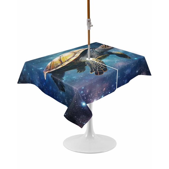 Outdoor Table Cloth with Umbrella Hole and Zipper, Sea Turtle Waterproof Rectangle Tablecloth 60"x102", Coastal Blue Ombre Star Sky Washable Table Cover for Outside Party Patio Picnic