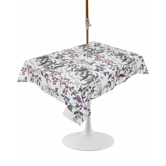 Outdoor Table Cloth with Umbrella Hole and Zipper, Spring Botanical Birds Waterproof Rectangle Tablecloth 60"x102", Garden Floral Twigs Farmhouse Washable Table Cover for Outside Party Patio Picnic