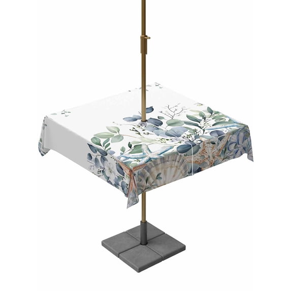 Outdoor Table Cloth with Umbrella Hole and Zipper, Spring Eucalyptus Coastal Waterproof Square Tablecloth 54"x54", Summer Blue Starfish Shell Washable Table Cover for Outside Party Patio Picnic