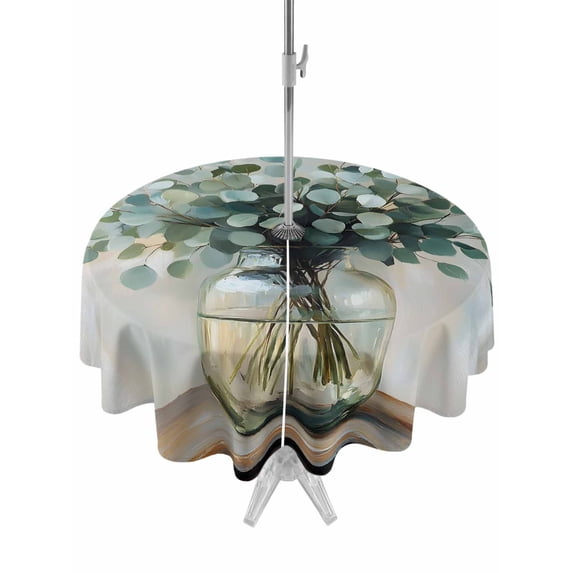 Outdoor Table Cloth with Umbrella Hole and Zipper, Spring Eucalyptus Waterproof Round Tablecloth 54 Inch, Pastoral Botanical Leaf Retro Rustic Washable Table Cover for Outside Party Patio Picnic