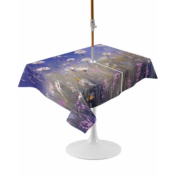 Outdoor Table Cloth with Umbrella Hole and Zipper,Spring Floral Waterproof Rectangle Tablecloth 60"x102",Pastoral Flowers Oil Painting Modern Art Purple Table Cover for Outside Party Patio Picnic