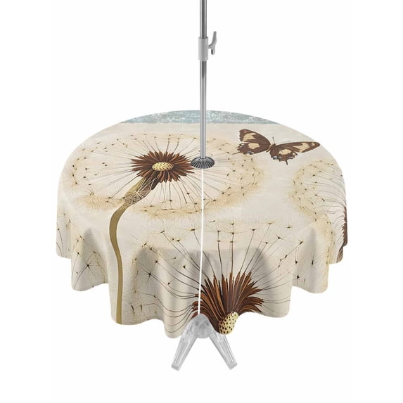 Outdoor Table Cloth with Umbrella Hole and Zipper, Spring Floral Waterproof Round Tablecloth 60 Inch, Summer Botanical Butterfly Vintage Washable Table Cover for Outside Party Patio Picnic