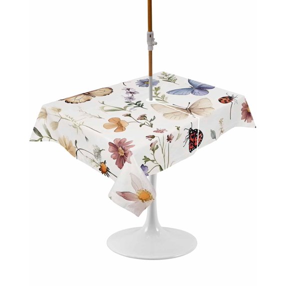 Outdoor Table Cloth with Umbrella Hole and Zipper, Spring Pastoral Botanical Waterproof Rectangle Tablecloth 60"x102", Farmhouse Butterfly Floral Washable Table Cover for Outside Party Patio Picnic