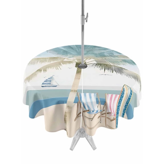 Outdoor Table Cloth with Umbrella Hole and Zipper, Summer Beach Chair Waterproof Round Tablecloth 54 Inch, Coastal Palm Trees Canoeing Washable Table Cover for Outside Party Patio Picnic