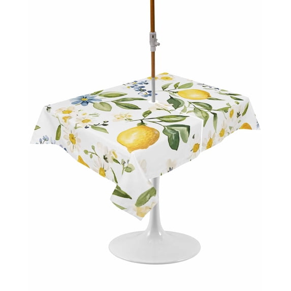 Outdoor Table Cloth with Umbrella Hole and Zipper, Summer Lemon Waterproof Rectangle Tablecloth 60"x102", Yellow Botanical Spring Floral Blue Washable Table Cover for Outside Party Patio Picnic